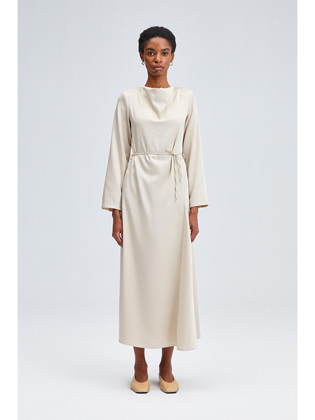 Bej Kemerli Saten Elbise-1