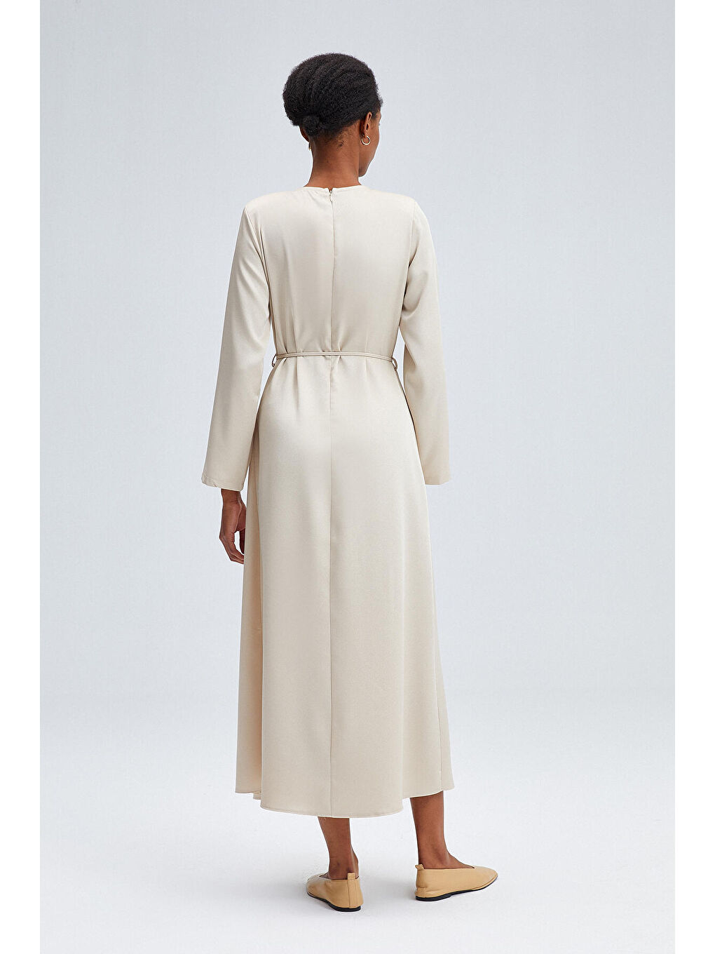 Bej Kemerli Saten Elbise-3