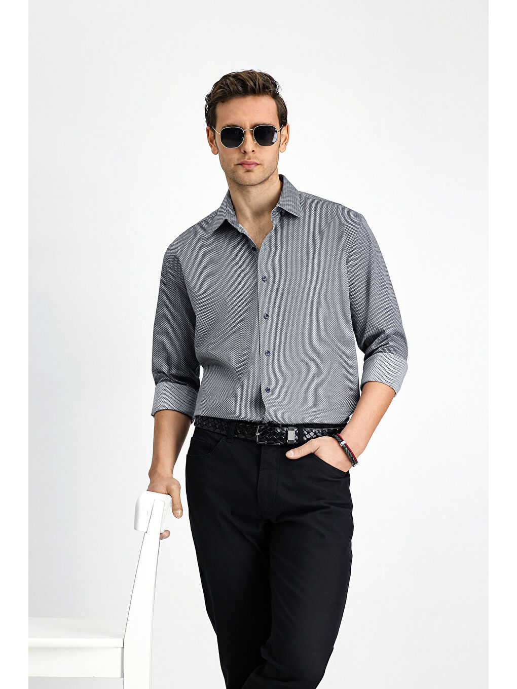 Gri Uzun Kol Slim Fit Dar Kesim Klasik Desenli Pamuk Gömlek