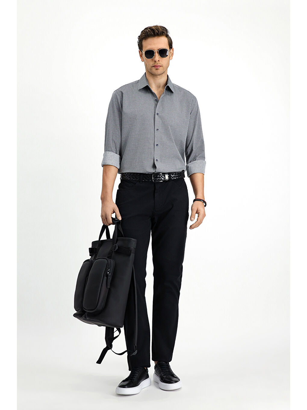 Gri Uzun Kol Slim Fit Dar Kesim Klasik Desenli Pamuk Gömlek-1