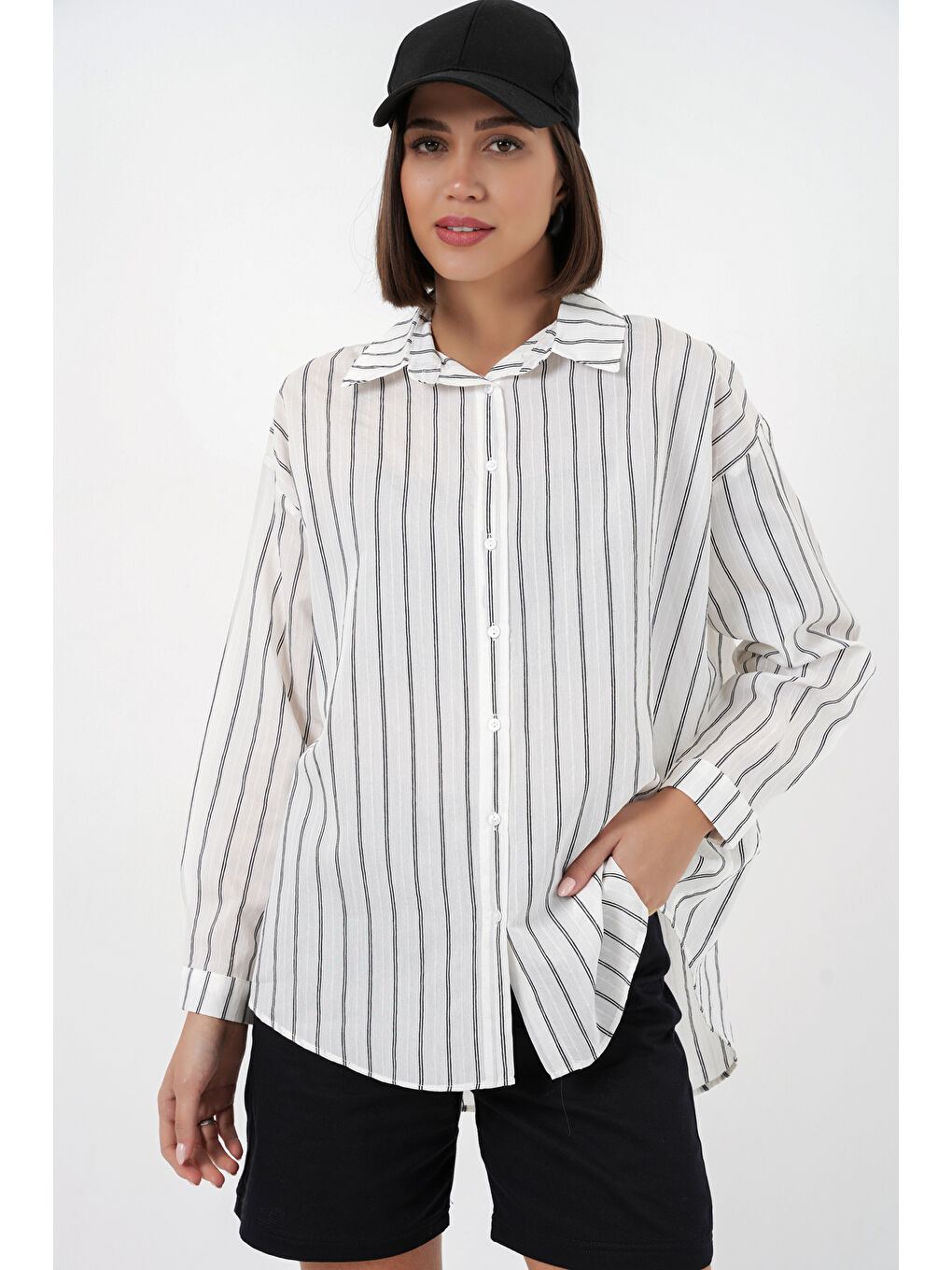 Kadın Çizgili Oversize Gömlek 20293 - B.Beyaz