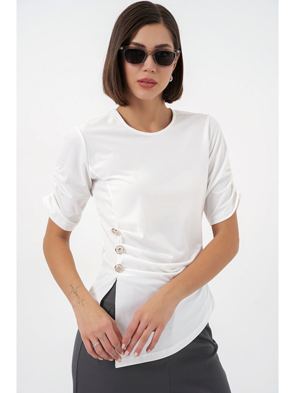 Kadın Düğme Detaylı Sandy Bluz 992 - Beyaz-2