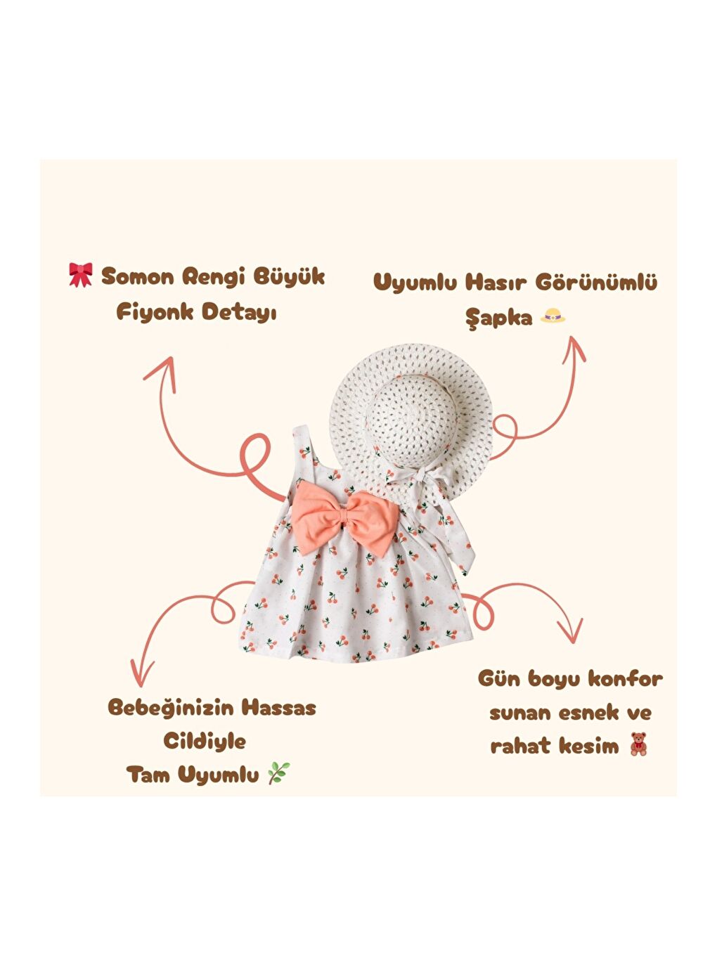 Turuncu Kiraz Desenli Şapkalı Fiyonklu Kız Bebek Elbisesi-1