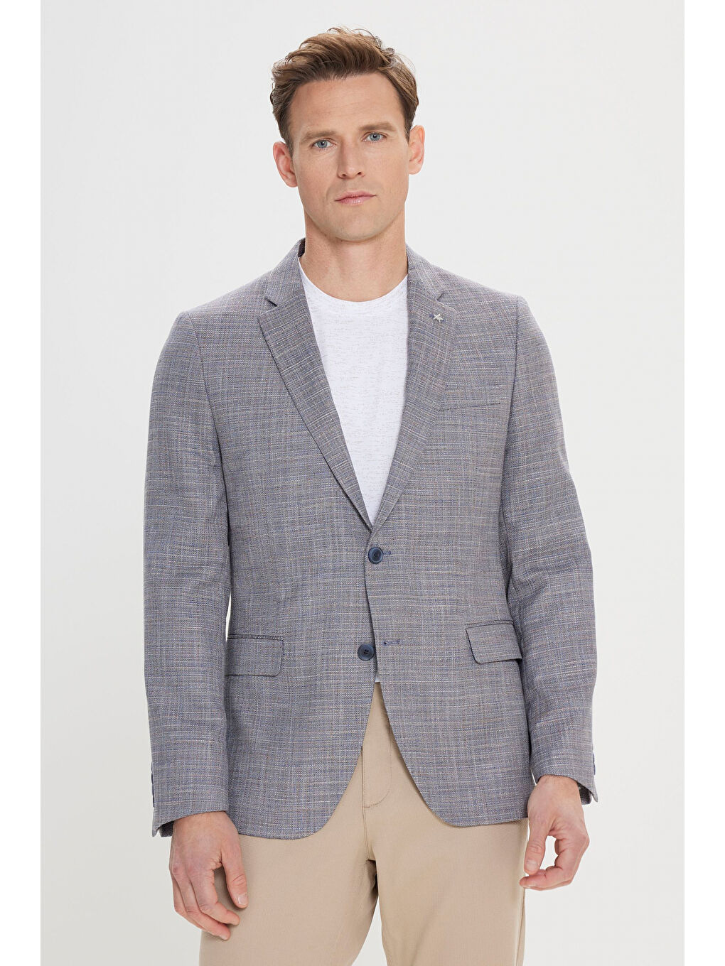 Erkek Lacivert Comfort Fit Rahat Kesim Mono Yaka Casual Blazer Ceket-2