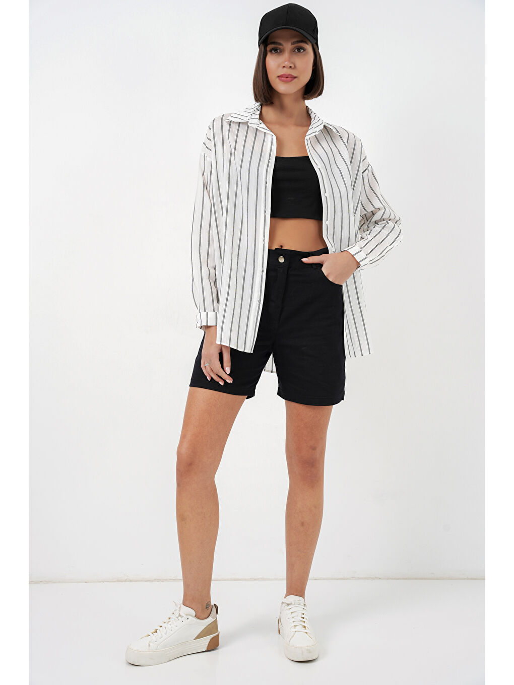 Kadın Çizgili Oversize Gömlek 20293 - B.Beyaz-1