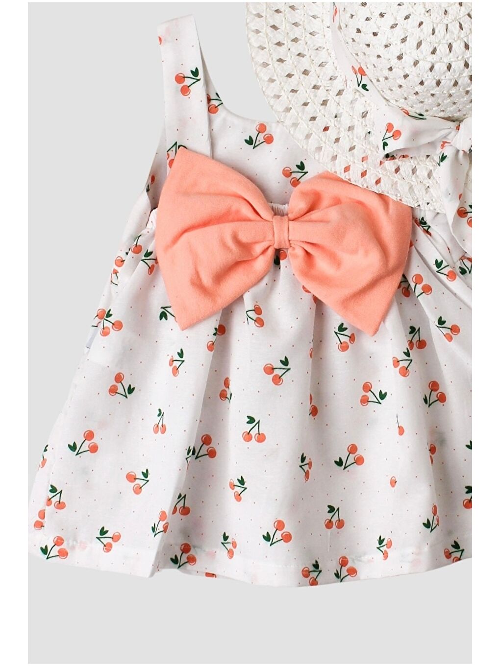 Turuncu Kiraz Desenli Şapkalı Fiyonklu Kız Bebek Elbisesi-2