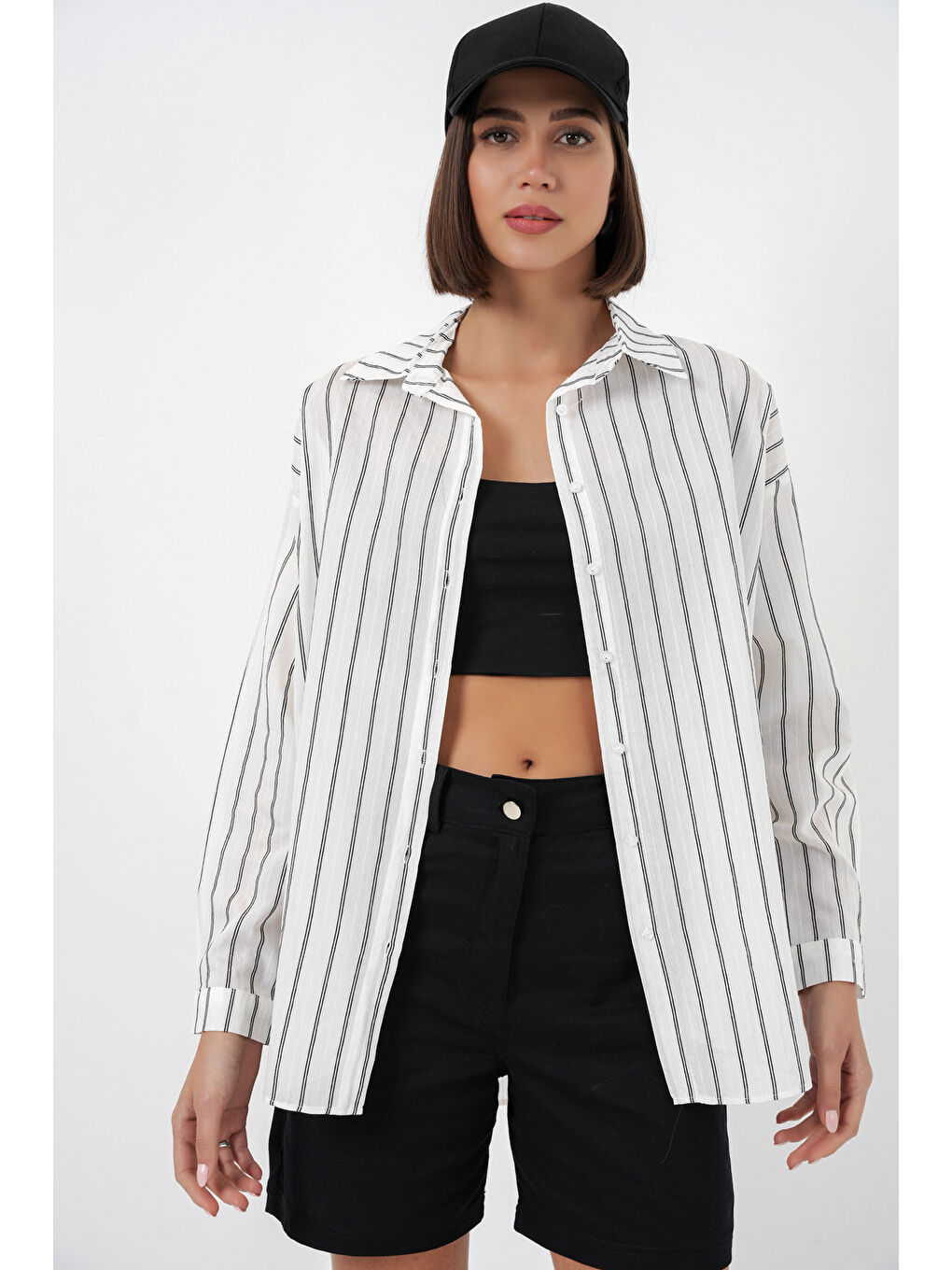 Kadın Çizgili Oversize Gömlek 20293 - B.Beyaz-2