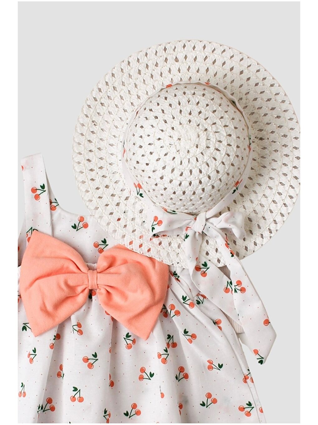 Turuncu Kiraz Desenli Şapkalı Fiyonklu Kız Bebek Elbisesi-3