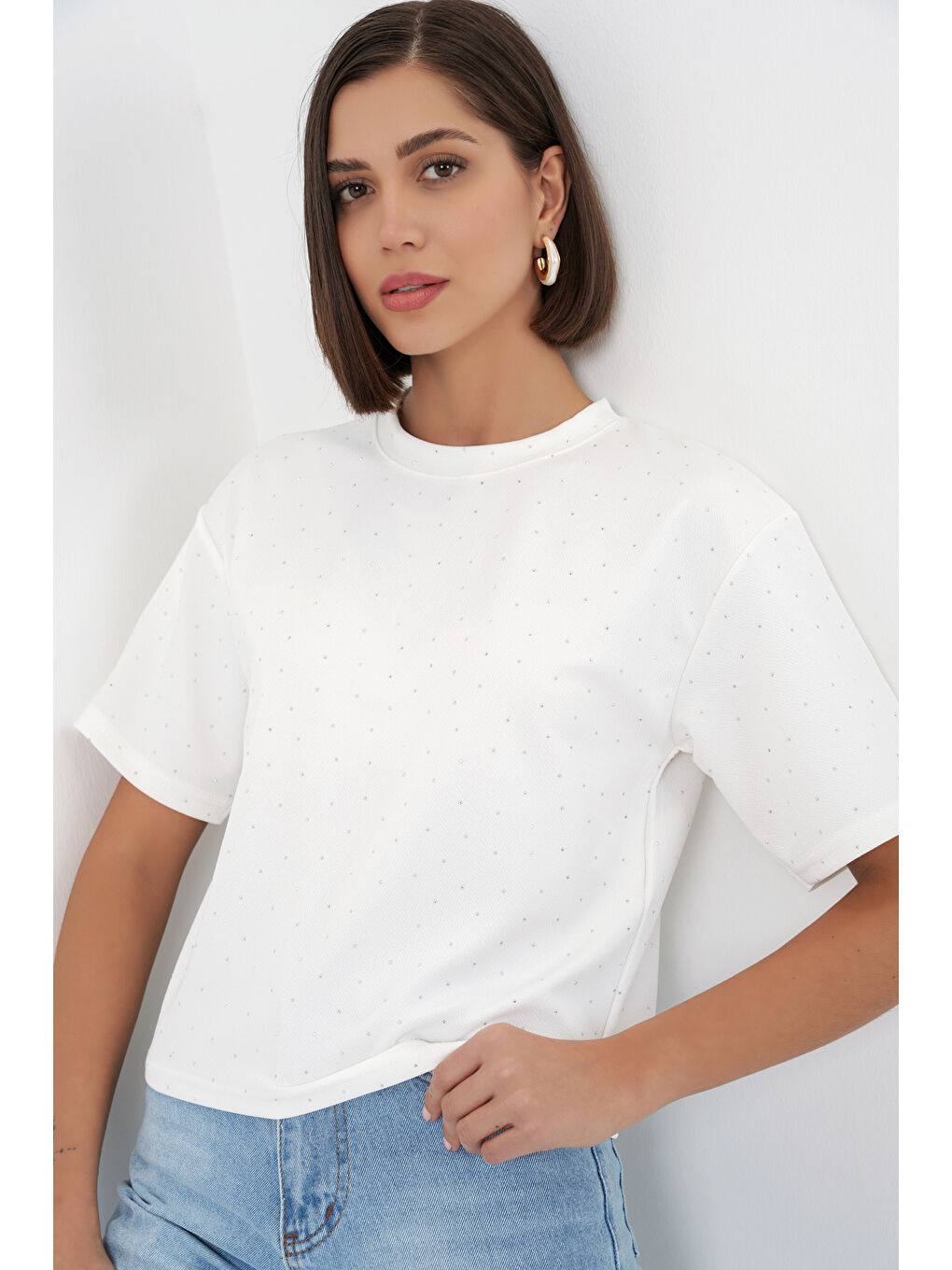 Kadın Taş Detaylı Tişört 990 - Beyaz