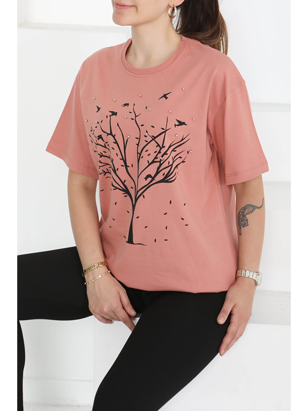 Pembe Baskılı Taşlı T-Şhirt Gül - 27375