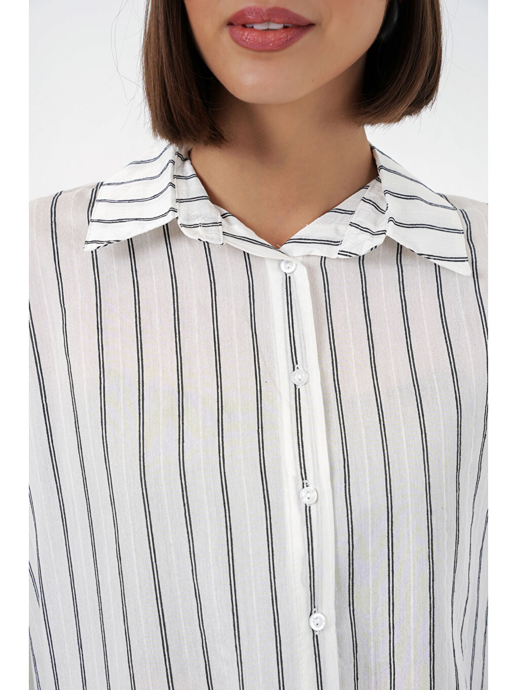 Kadın Çizgili Oversize Gömlek 20293 - B.Beyaz-3