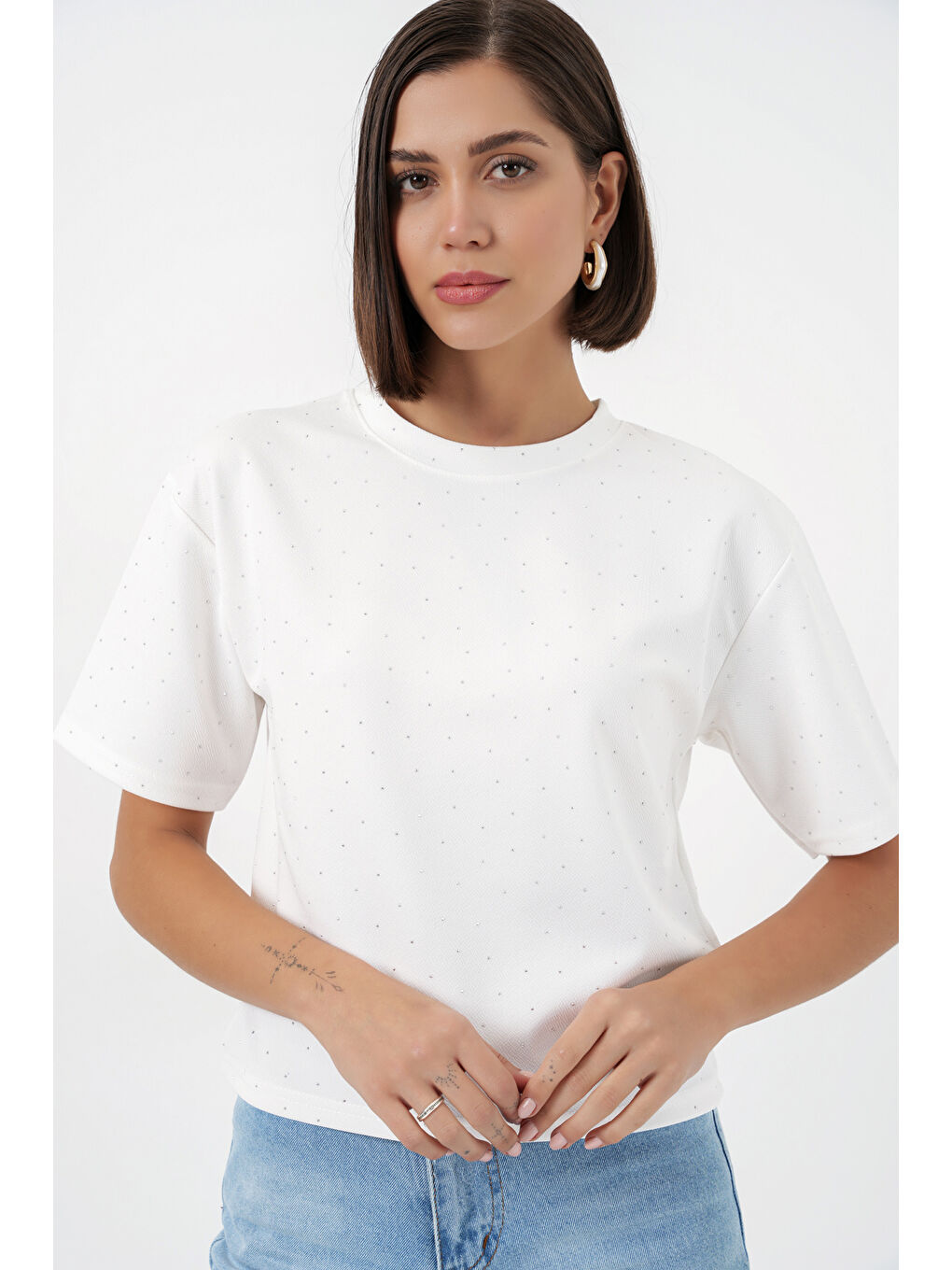 Kadın Taş Detaylı Tişört 990 - Beyaz-2