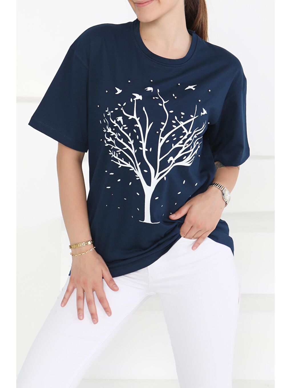 Baskılı Taşlı T-Şhirt Lacivert - 27375-1