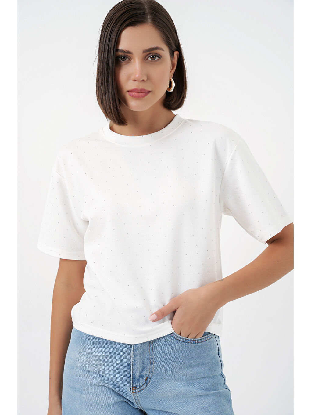 Kadın Taş Detaylı Tişört 990 - Beyaz-3