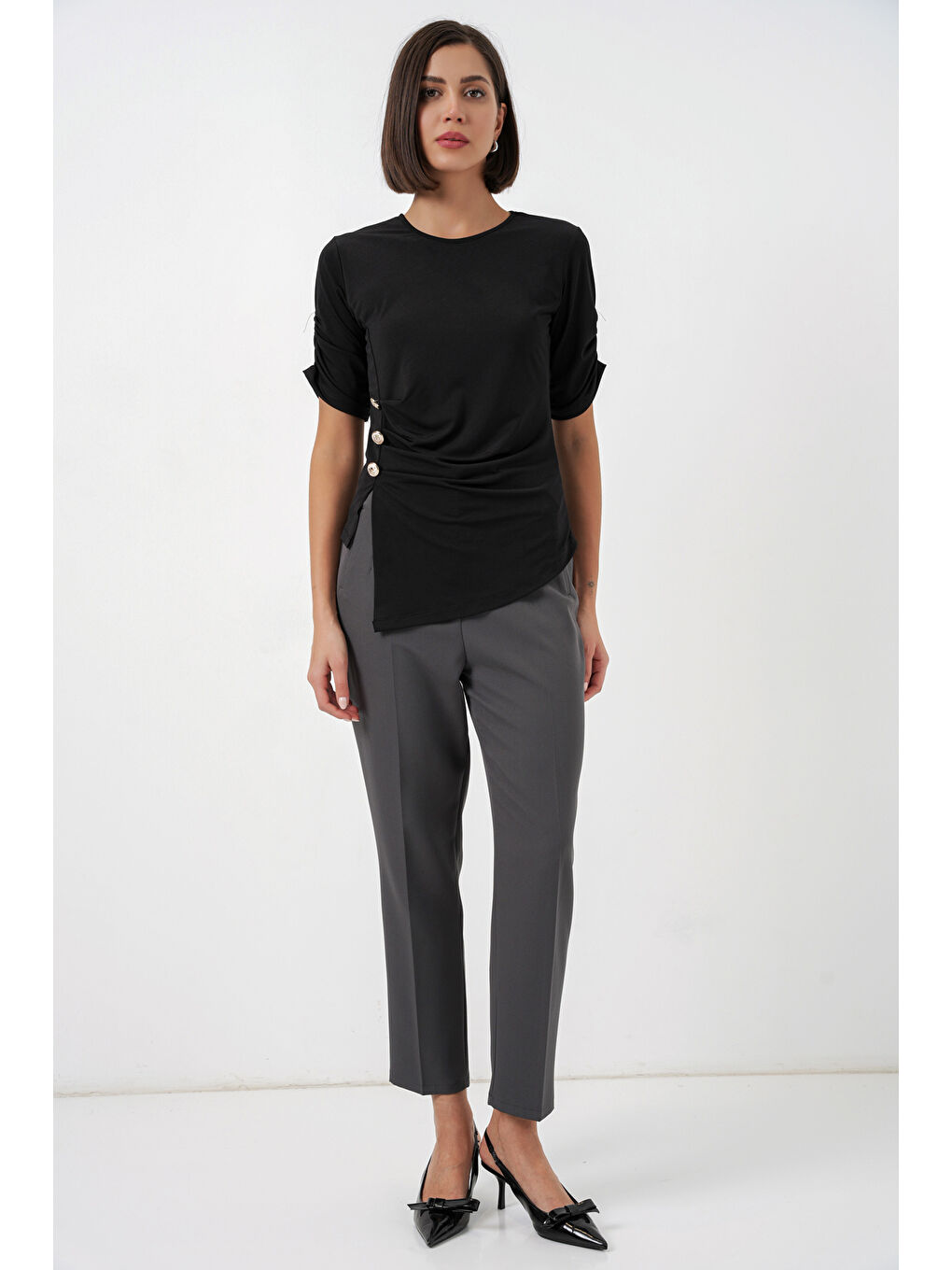 Kadın Düğme Detaylı Sandy Bluz 992 - Siyah-1