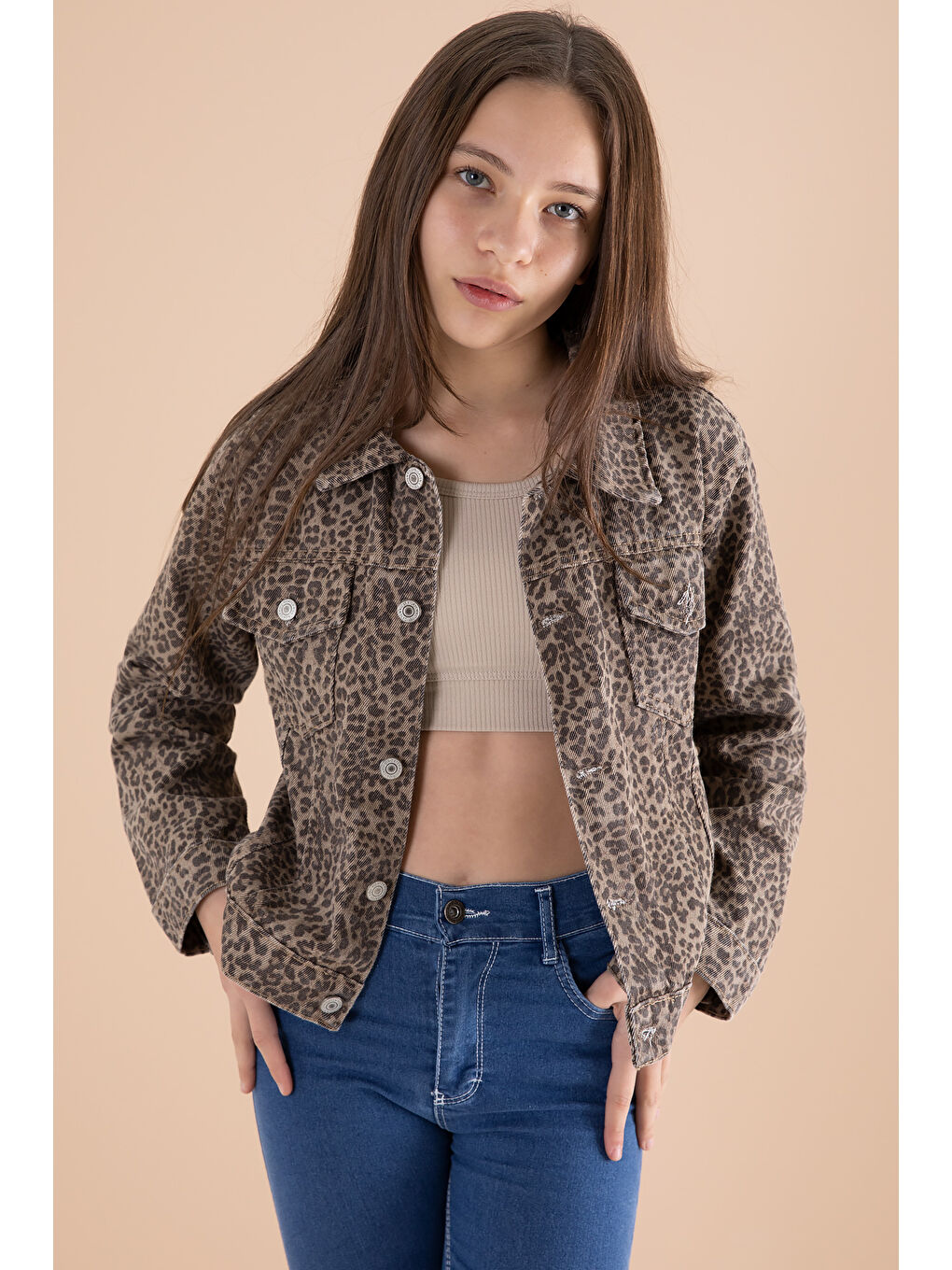 Kahverengi Kahve Leopar Desenli Kız Çocuk Düğmeli Jean Ceket 20144