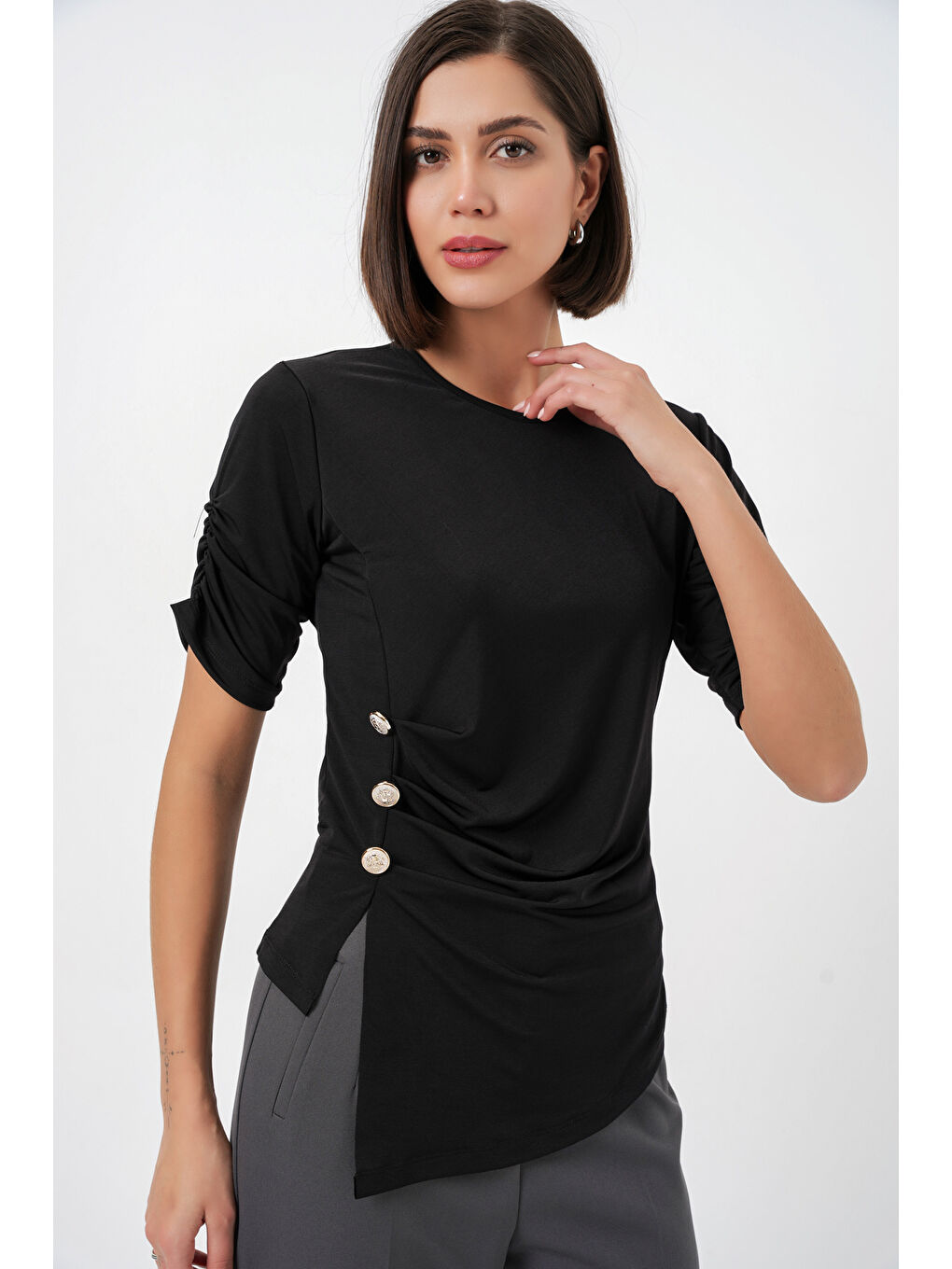 Kadın Düğme Detaylı Sandy Bluz 992 - Siyah-2