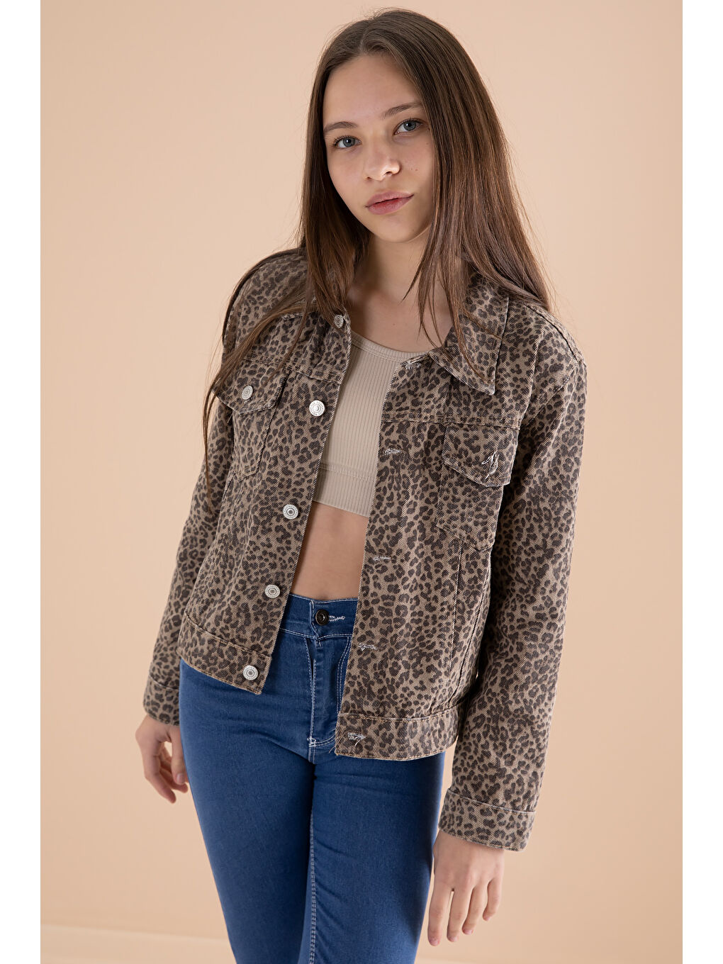 Kahverengi Kahve Leopar Desenli Kız Çocuk Düğmeli Jean Ceket 20144-1