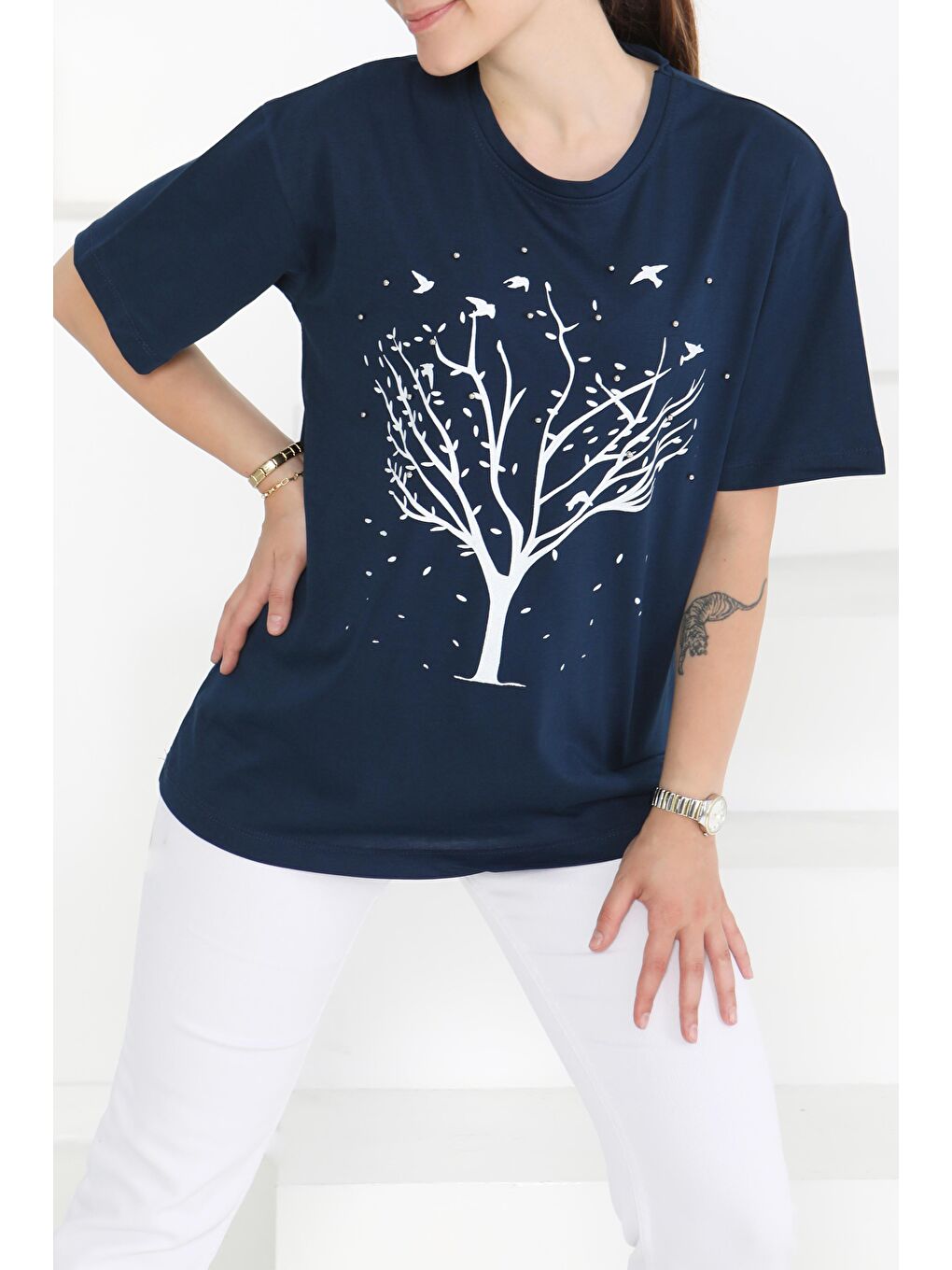 Baskılı Taşlı T-Şhirt Lacivert - 27375-2