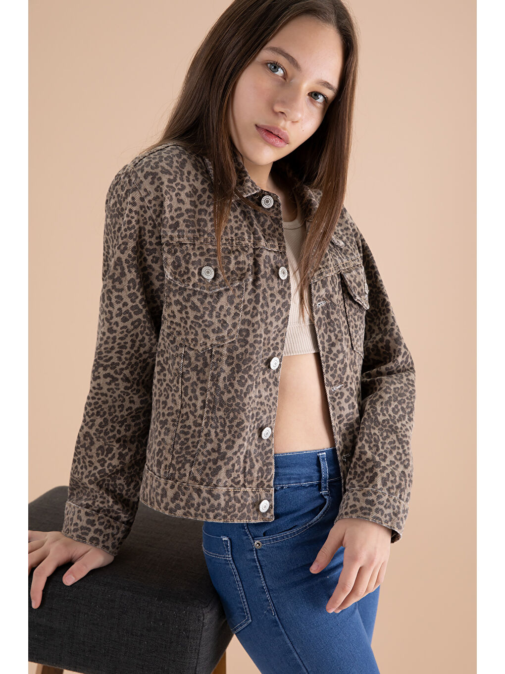Kahverengi Kahve Leopar Desenli Kız Çocuk Düğmeli Jean Ceket 20144-2