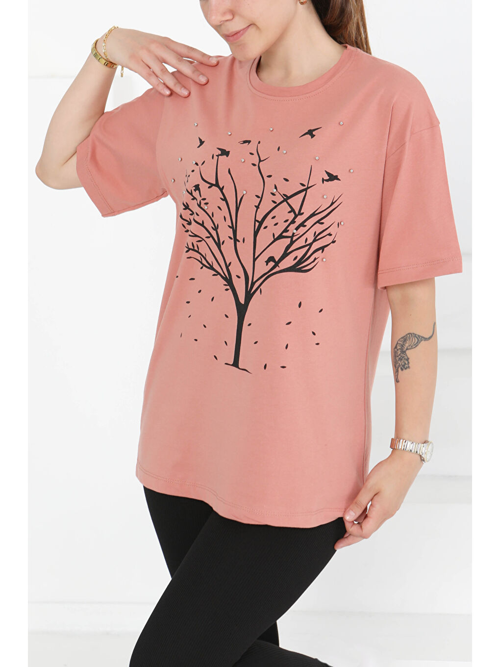 Pembe Baskılı Taşlı T-Şhirt Gül - 27375-1