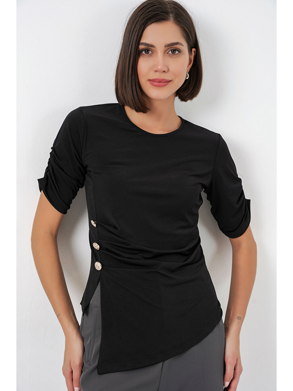 Kadın Düğme Detaylı Sandy Bluz 992 - Siyah-3