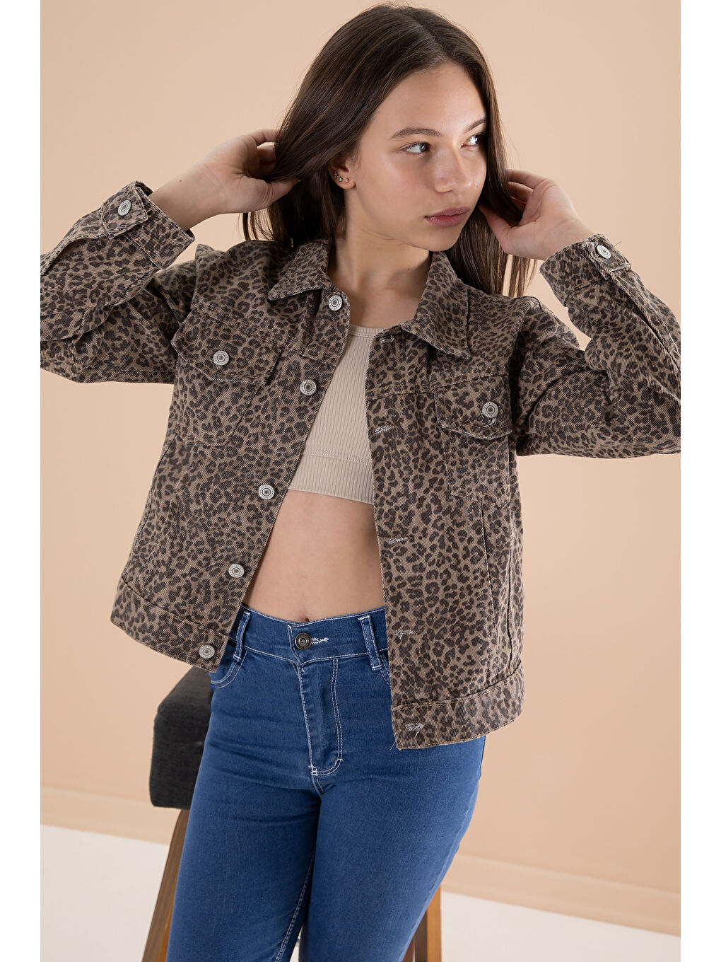 Kahverengi Kahve Leopar Desenli Kız Çocuk Düğmeli Jean Ceket 20144-3