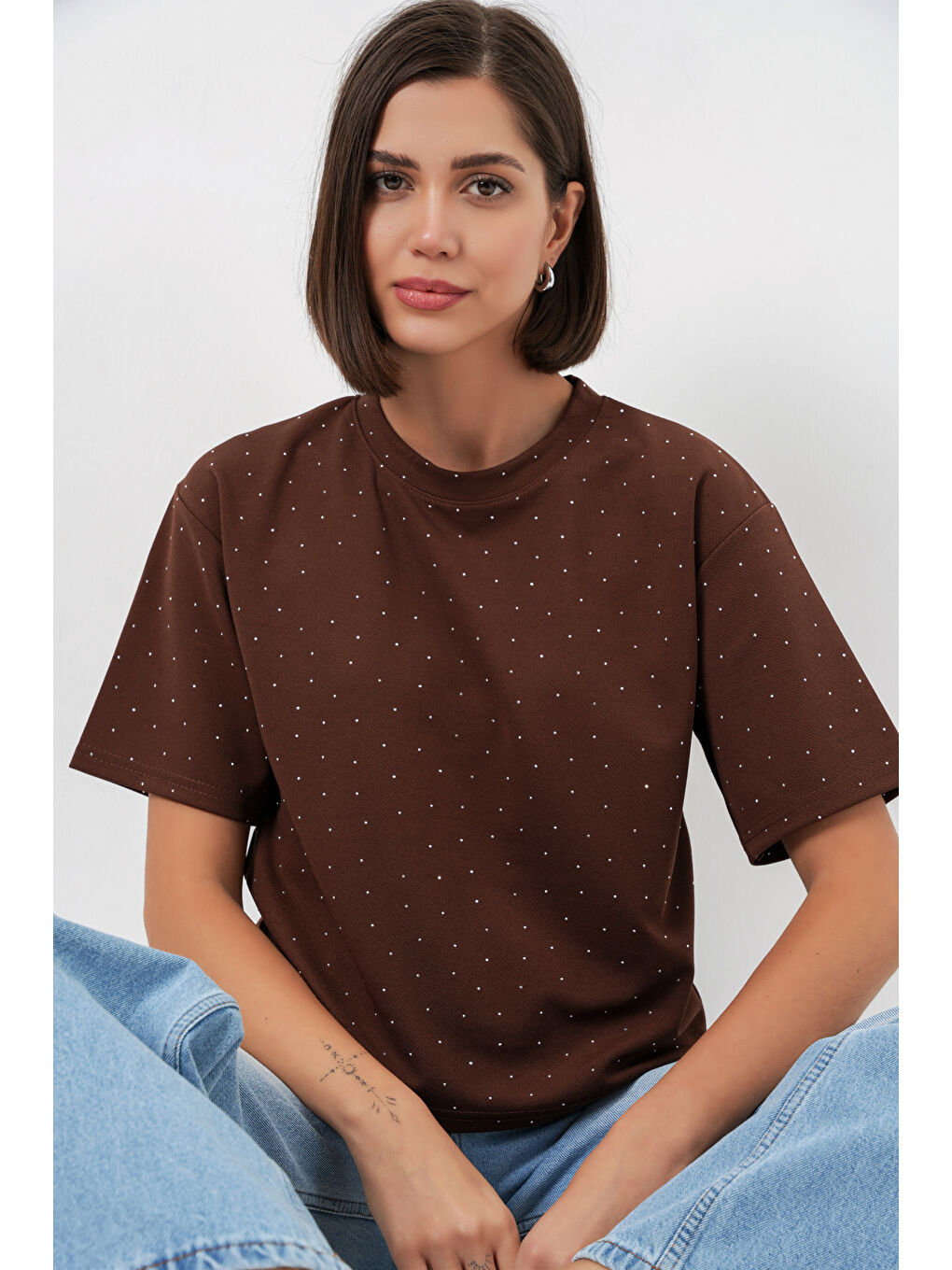 Kadın Taş Detaylı Tişört 990 - Kahverengi-2