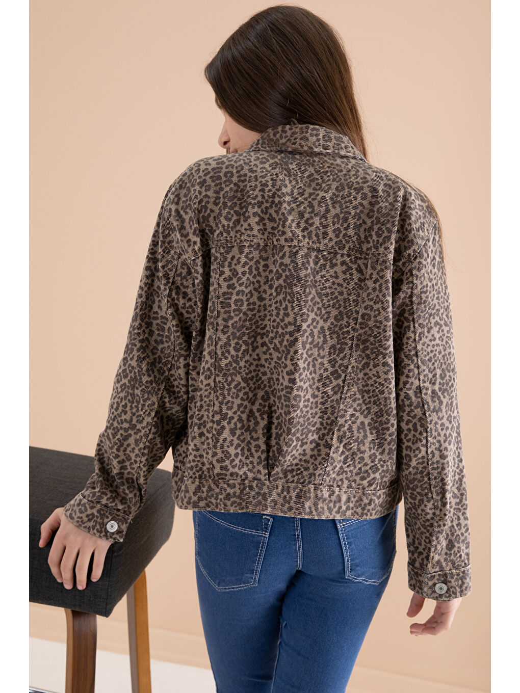 Kahverengi Kahve Leopar Desenli Kız Çocuk Düğmeli Jean Ceket 20144-4