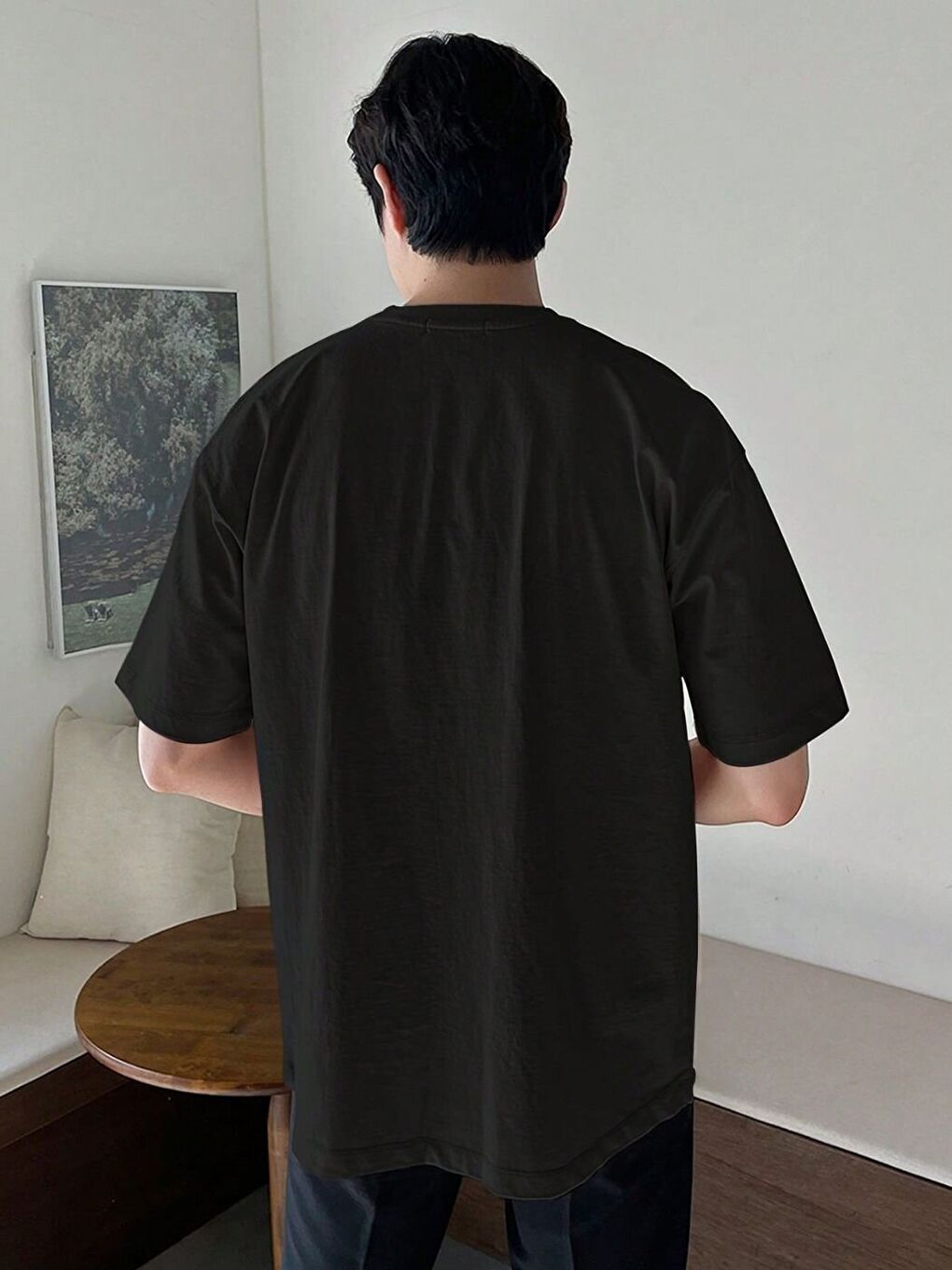 Erkek Siyah Nope. Baskı Detay %100 Organik Pamuk Örme Oversize Tişört-1