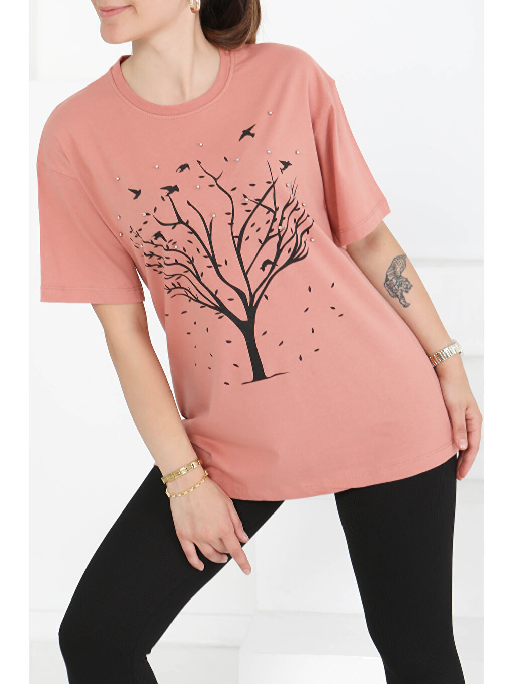 Pembe Baskılı Taşlı T-Şhirt Gül - 27375-2