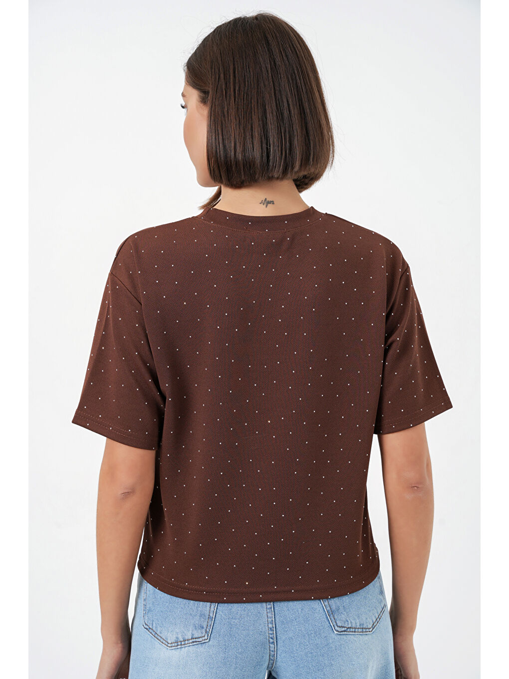 Kadın Taş Detaylı Tişört 990 - Kahverengi-4