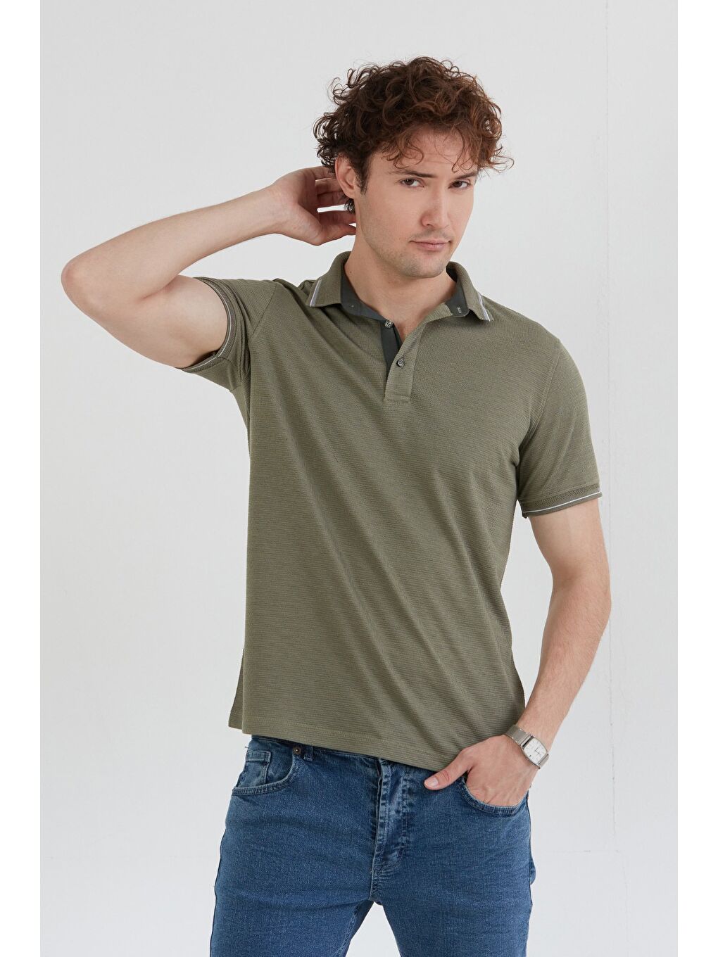 Haki Basic Yarım Düğmeli Polo Yaka Slim Fit Tişört