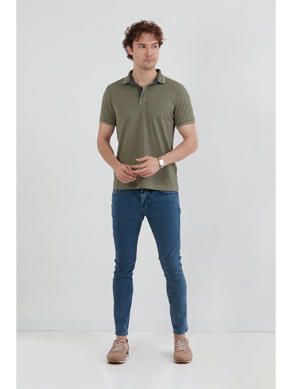Haki Basic Yarım Düğmeli Polo Yaka Slim Fit Tişört-2