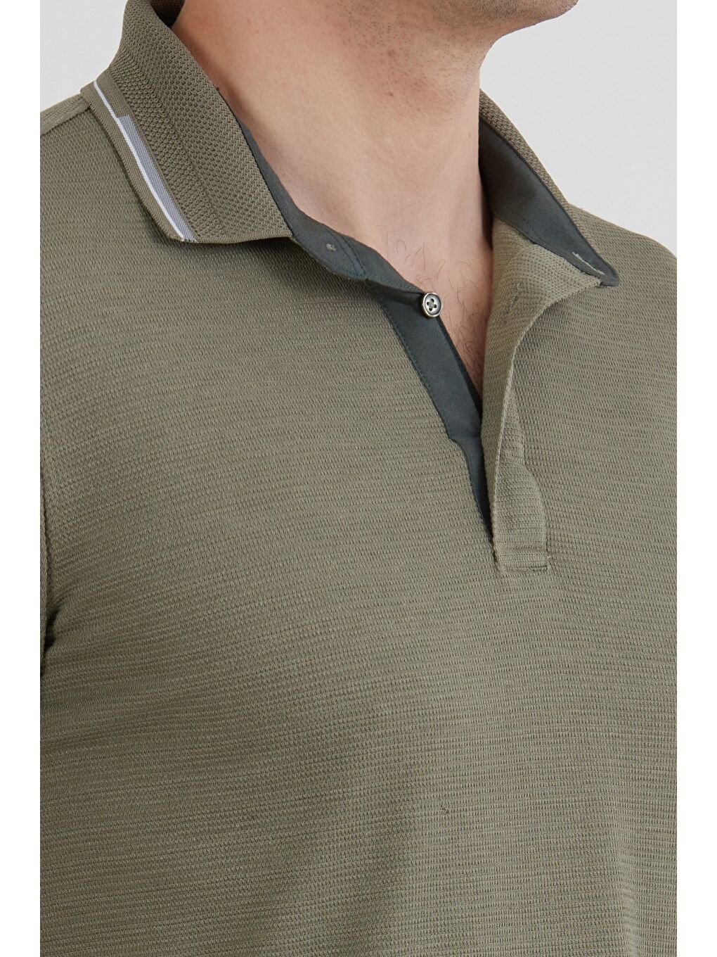 Haki Basic Yarım Düğmeli Polo Yaka Slim Fit Tişört-4