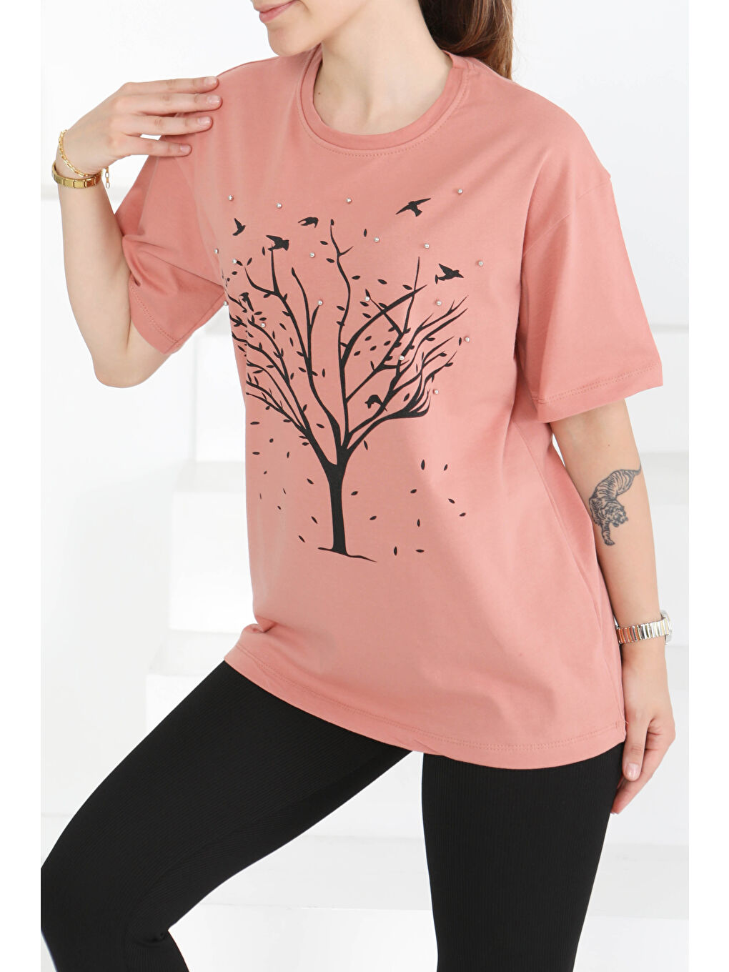 Pembe Baskılı Taşlı T-Şhirt Gül - 27375-3