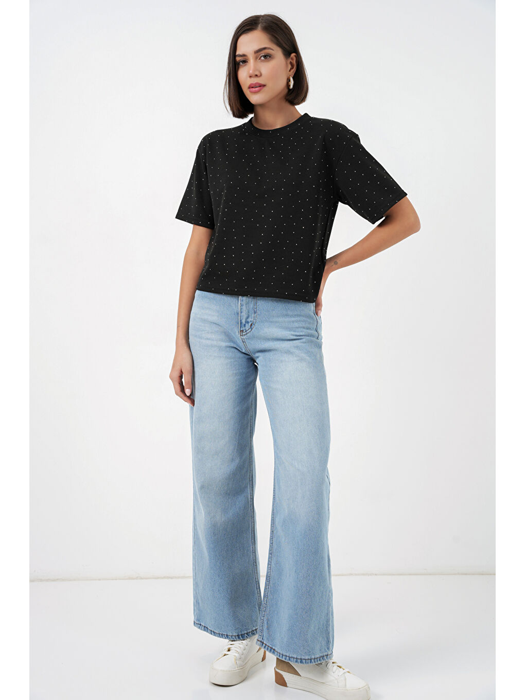 Kadın Taş Detaylı Tişört 990 - Siyah-1