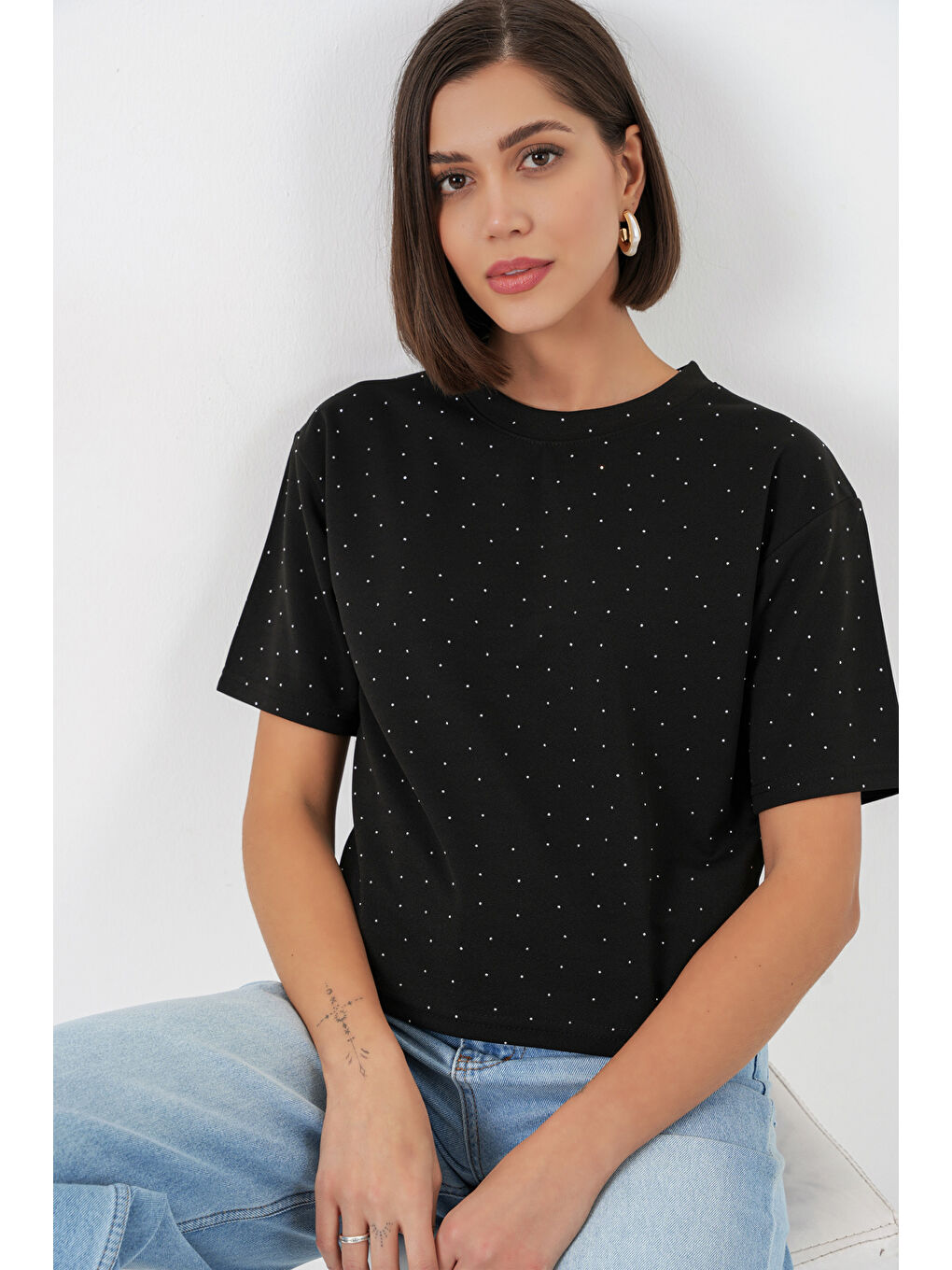 Kadın Taş Detaylı Tişört 990 - Siyah-2