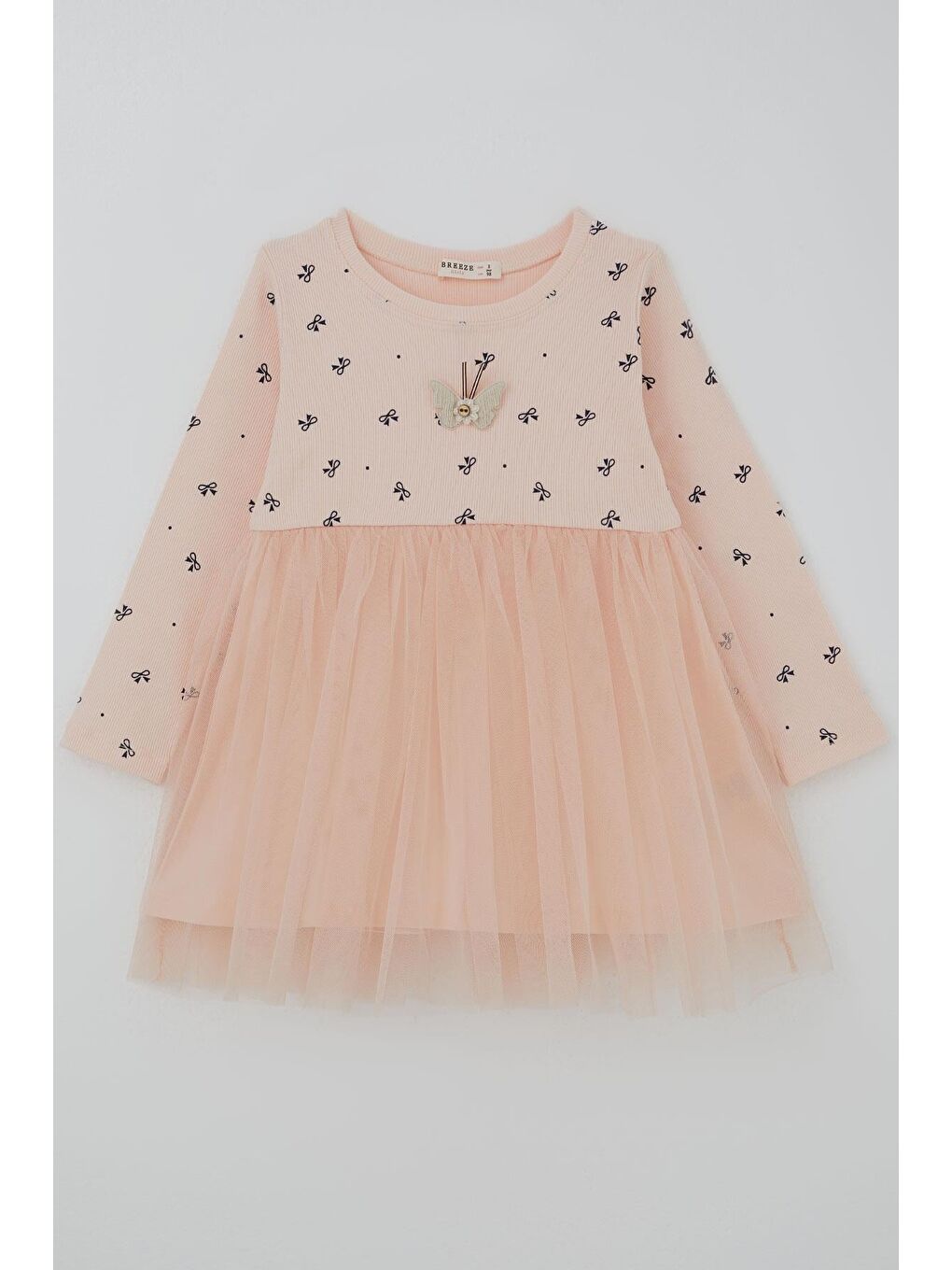 Pembe Kız Çocuk Uzun Kollu Elibise Fiyonk Desenli Aplike Kelebek Arma Detaylı Pudra (2-6 Yaş)