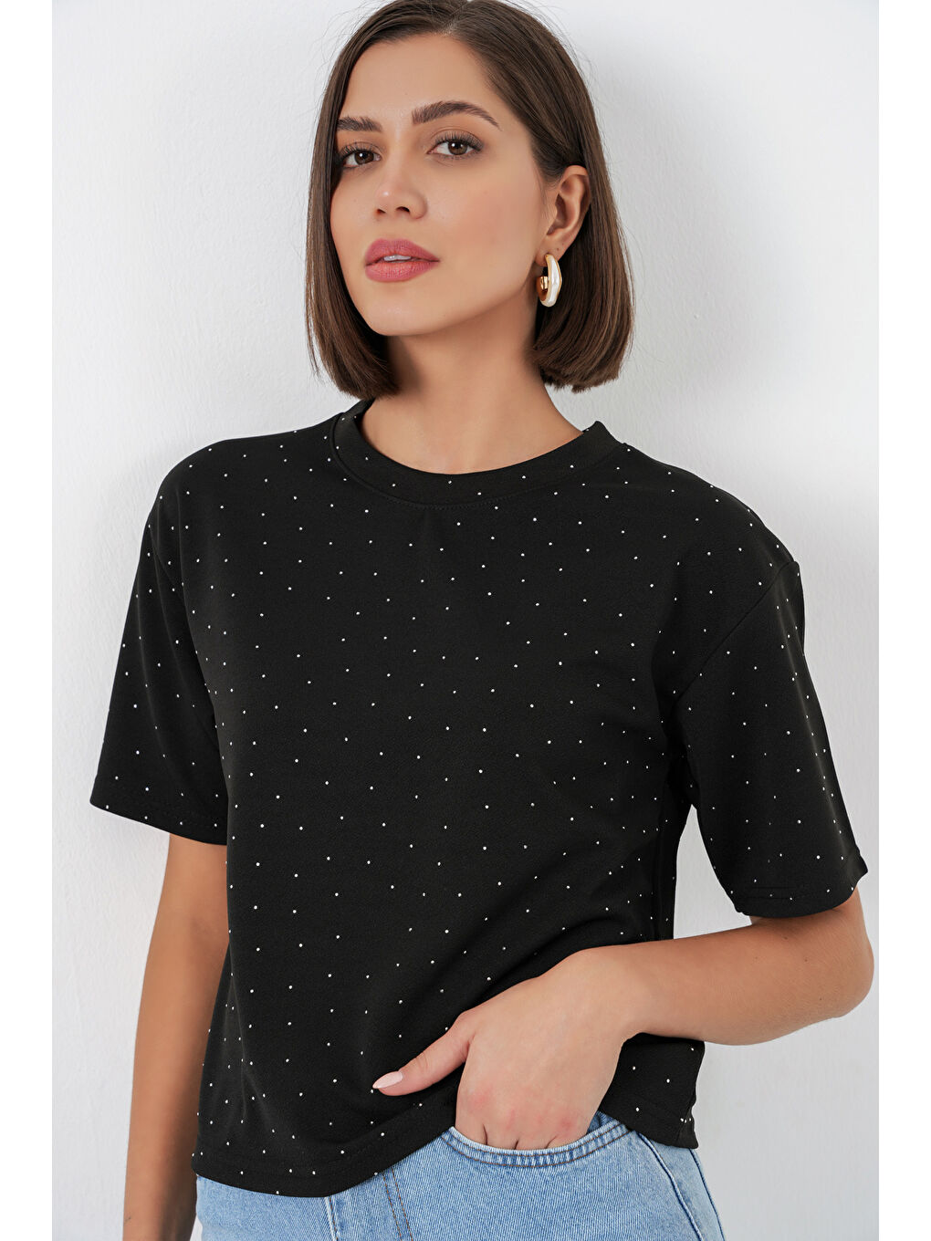 Kadın Taş Detaylı Tişört 990 - Siyah-3