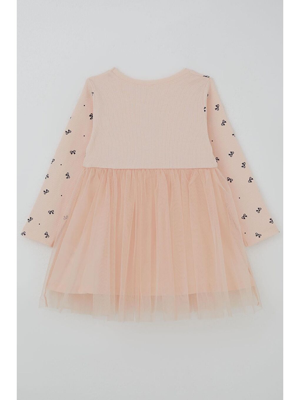 Pembe Kız Çocuk Uzun Kollu Elibise Fiyonk Desenli Aplike Kelebek Arma Detaylı Pudra (2-6 Yaş)-1