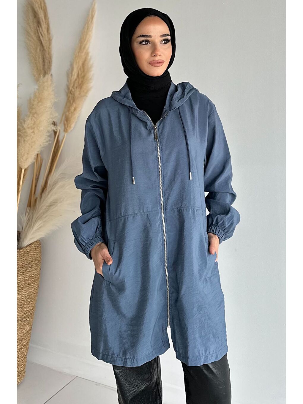 İndigo Kapüşonlu Fermuarlı Mevsimlik Tesettür Kap-3