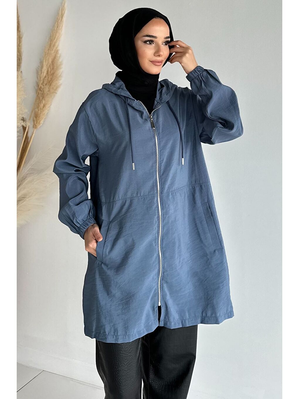 İndigo Kapüşonlu Fermuarlı Mevsimlik Tesettür Kap-5