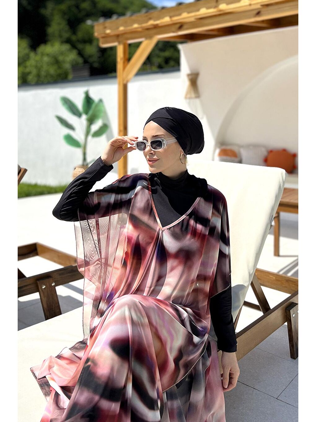 Remsa Mayo Pembe-Pudra Tesettür Mayo Üzerine Desenli Tek Kaftan Pareo 430-309 - 1