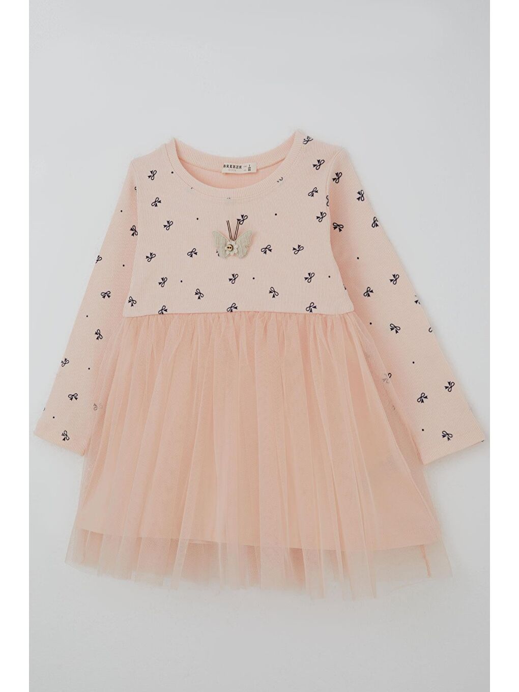 Pembe Kız Çocuk Uzun Kollu Elibise Fiyonk Desenli Aplike Kelebek Arma Detaylı Pudra (2-6 Yaş)-2