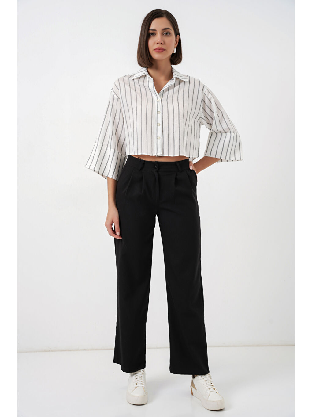 Kadın Çizgili Oversize Kısa Gömlek 20326 - B.Beyaz-1