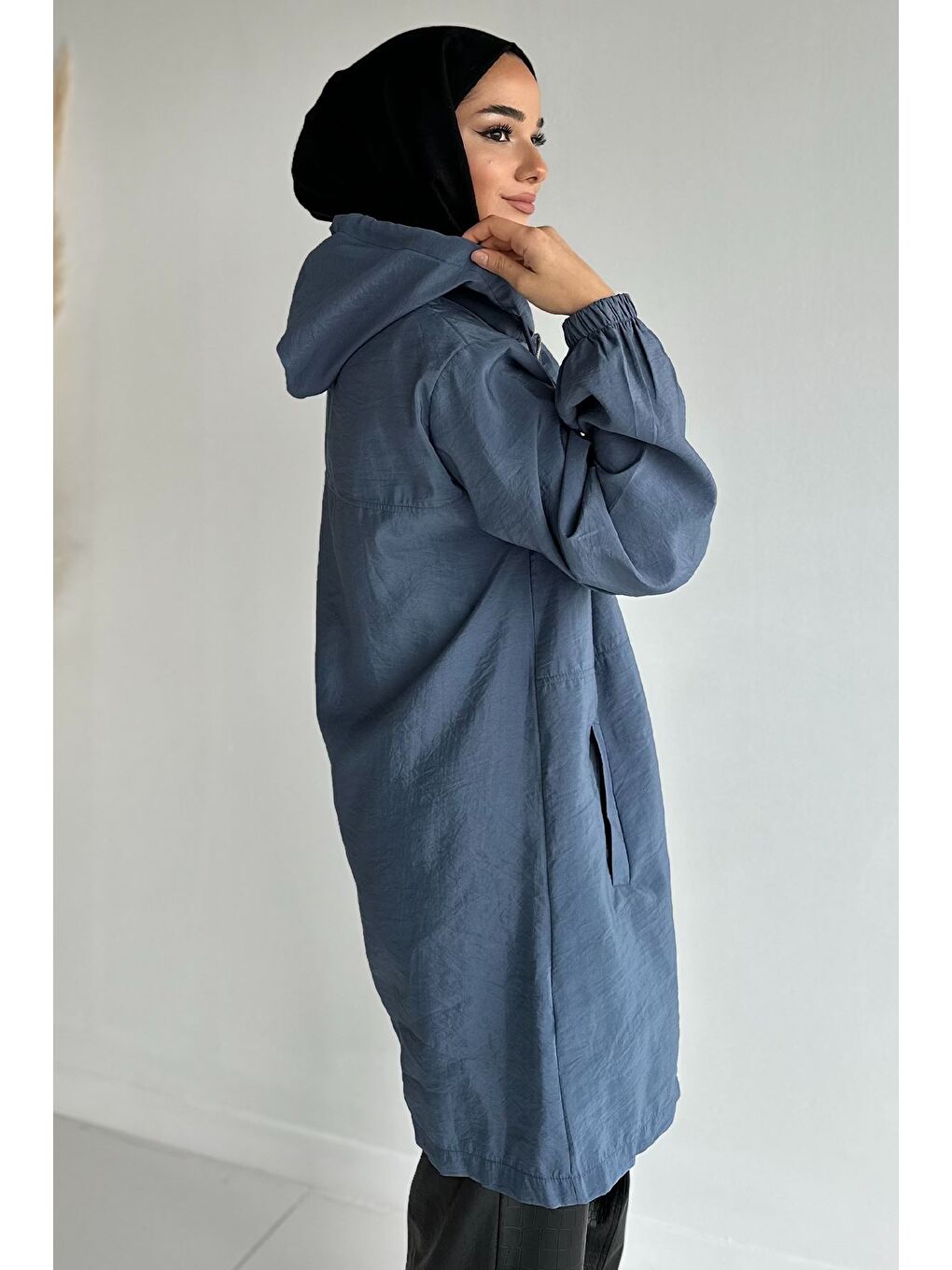 İndigo Kapüşonlu Fermuarlı Mevsimlik Tesettür Kap-7