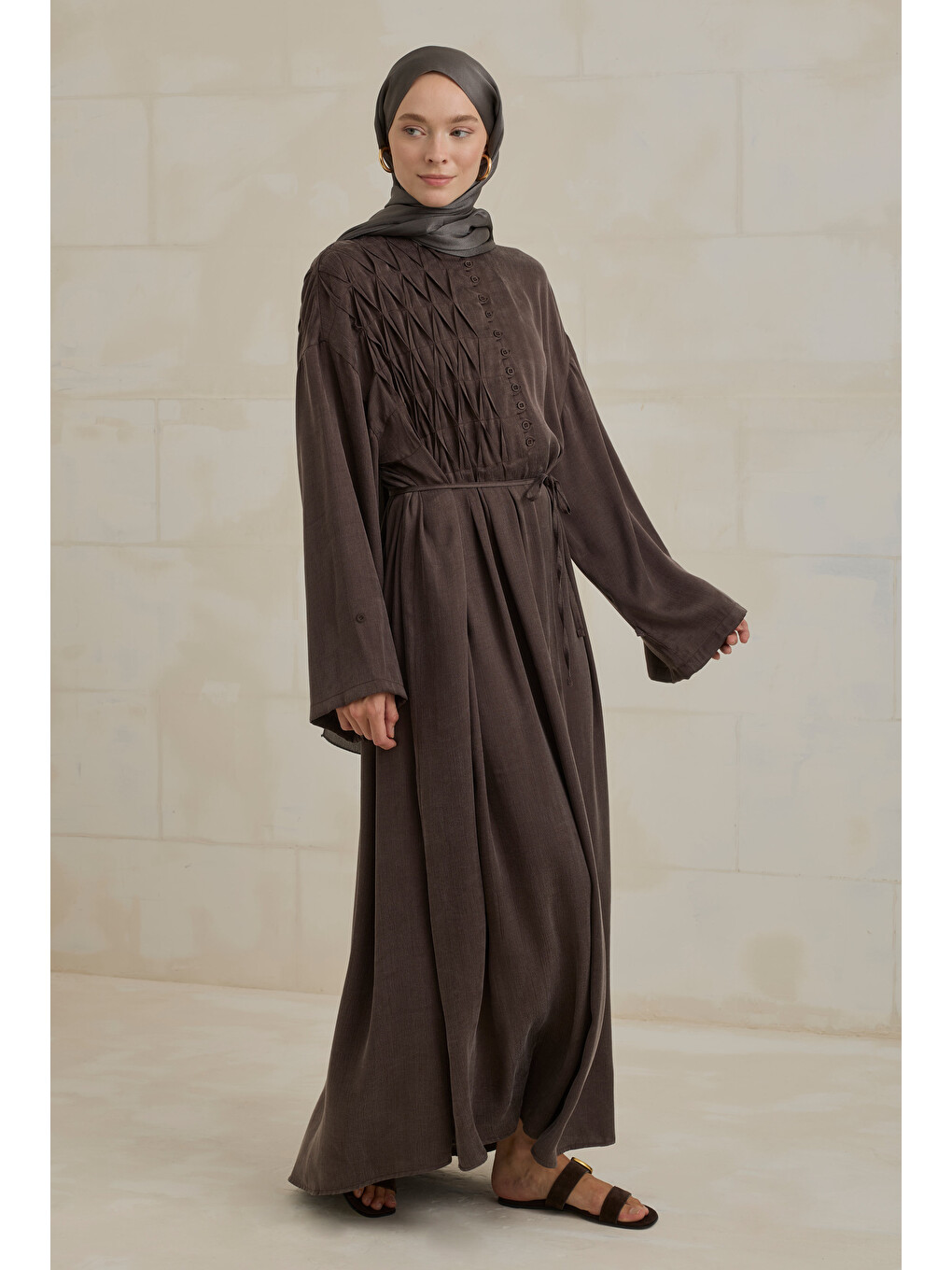 Kahverengi Nervür Motifli Liyosel Abaya Acı Kahve-1