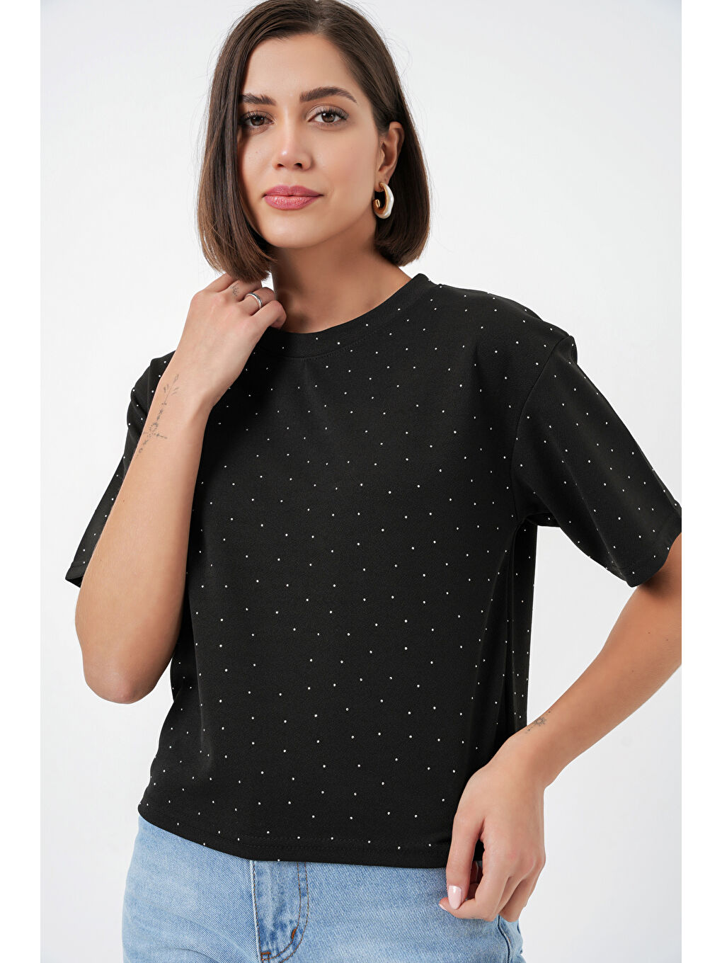 Kadın Taş Detaylı Tişört 990 - Siyah-4