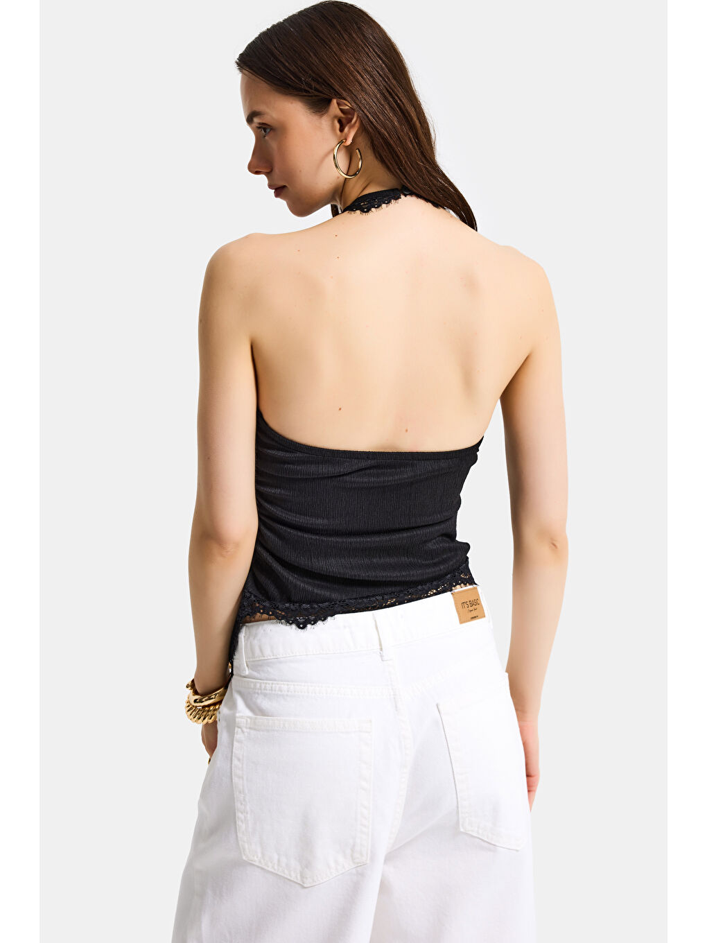 Kadın Siyah s6-1 Asimetrik Kesim Dantel Detaylı Boyundan Askılı Tasarım Bluz-3